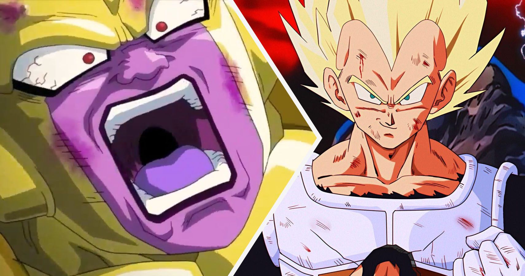 Freeza gritando de dor e Super Saiyan Vegeta em Namek
