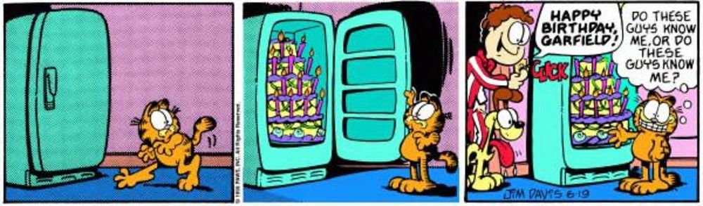 Garfield opens fridge to find a cake.