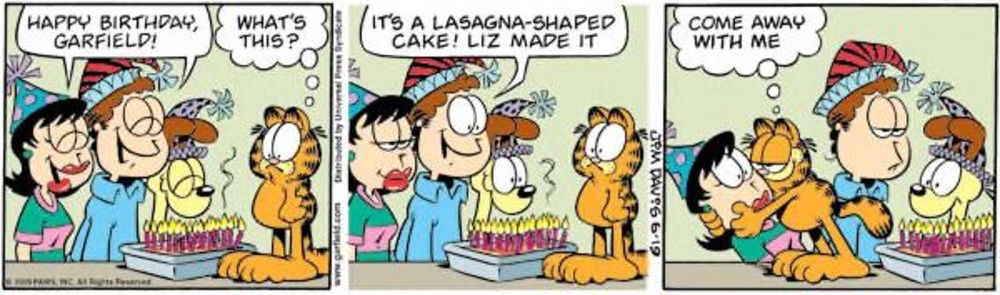 Liz makes Garfield a lasagna cake.