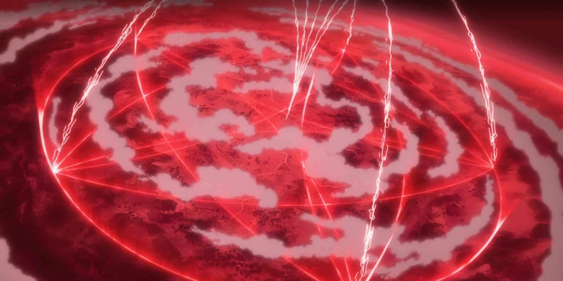 A giant red transmutation circle on the world.