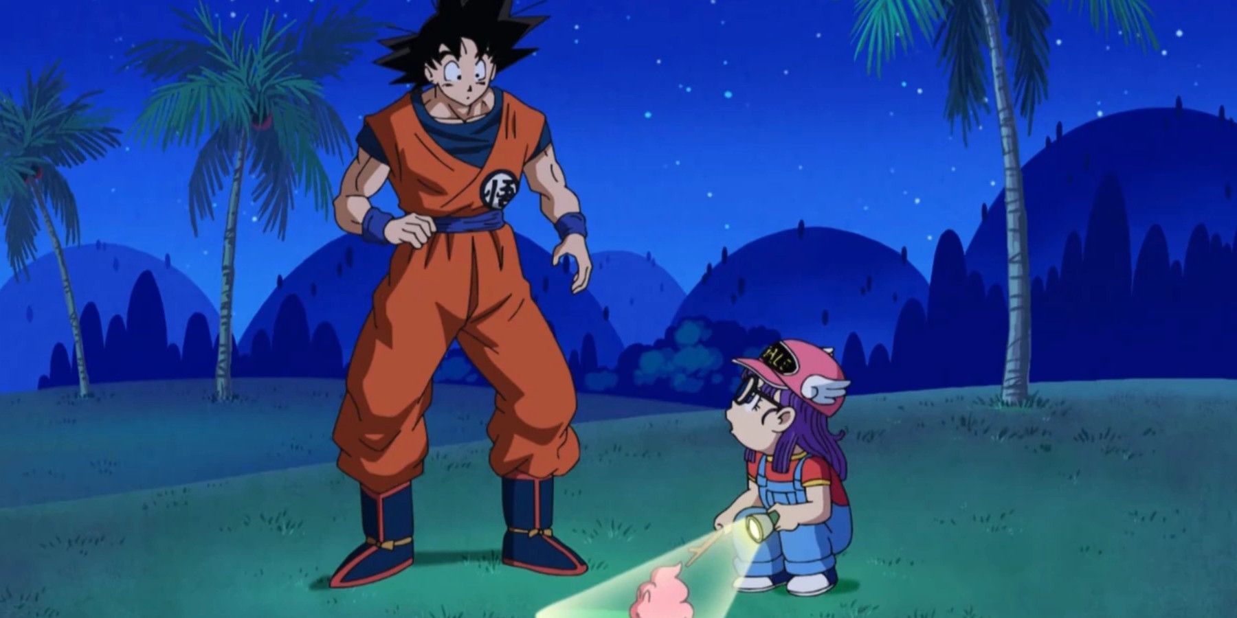 Goku watching as Arale pokes a poop in Dragon Ball Super