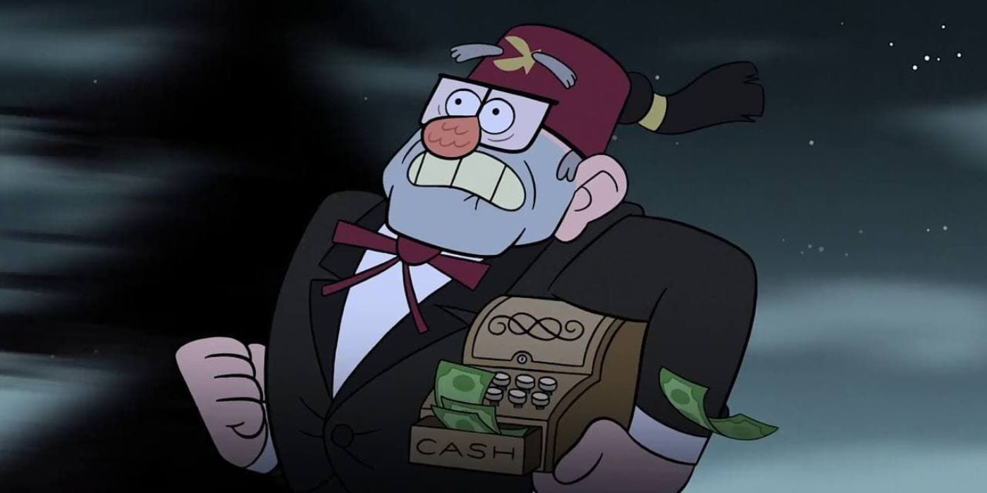 Grunkle Stan is running away with a cash register full of cash in Gravity Falls.