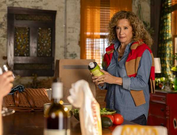 Patty (Nancy Travis) wearing a denim shirt, surrounded by groceries in Grosse Pointe Garden Society