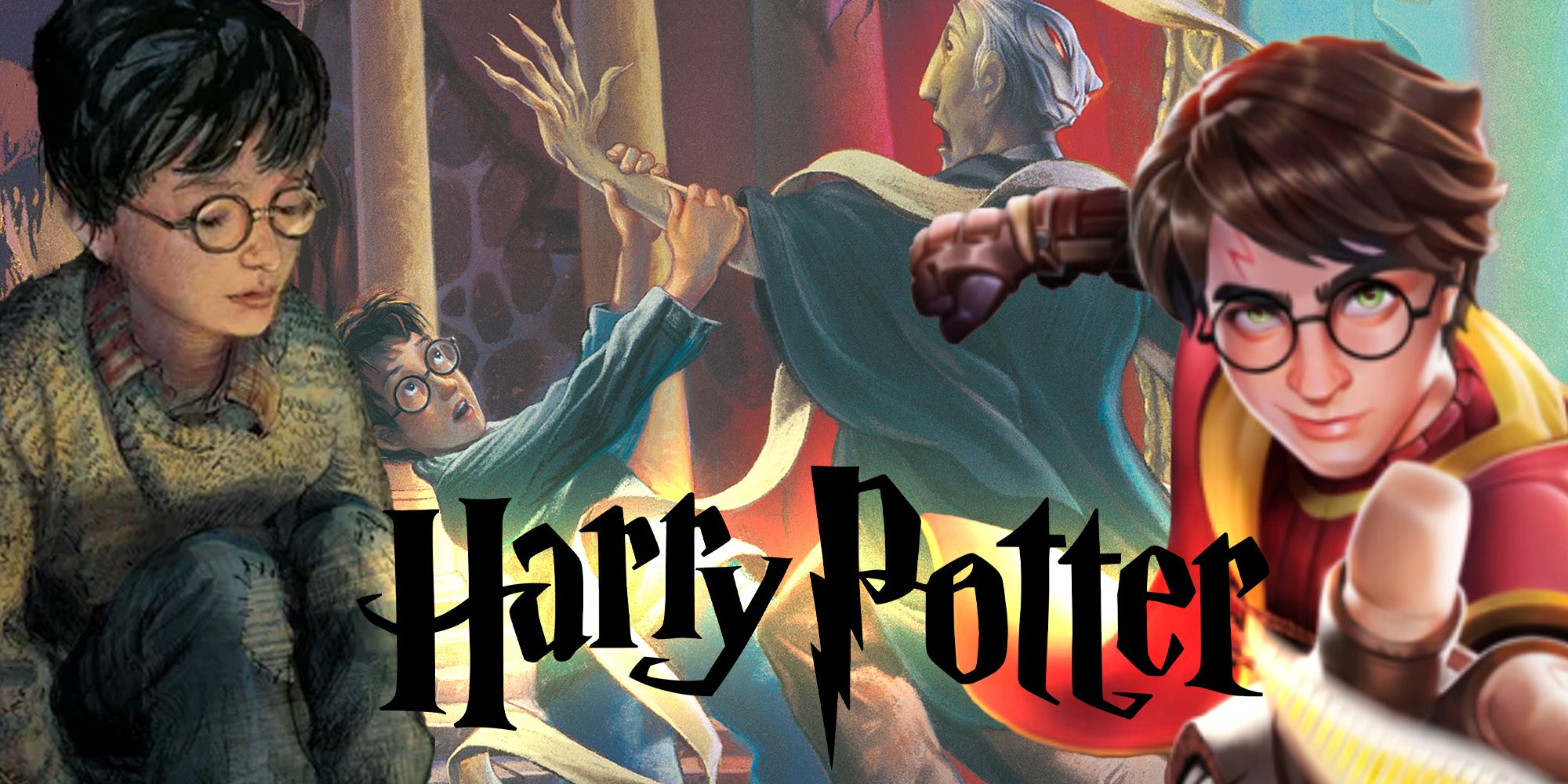 Ilustrações oficiais dos livros de Harry Potter e imagens do videogame de quadribol