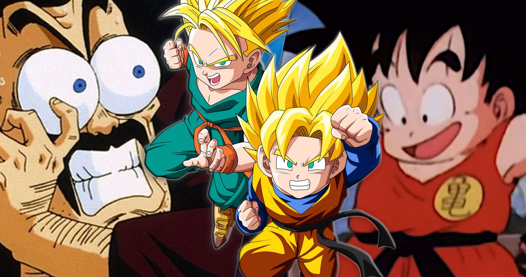 Hercule shocked, Super Saiyan Trunks, Super Saiyan Goten, and Kid Goku from Dragon Ball Z and Dragon Ball