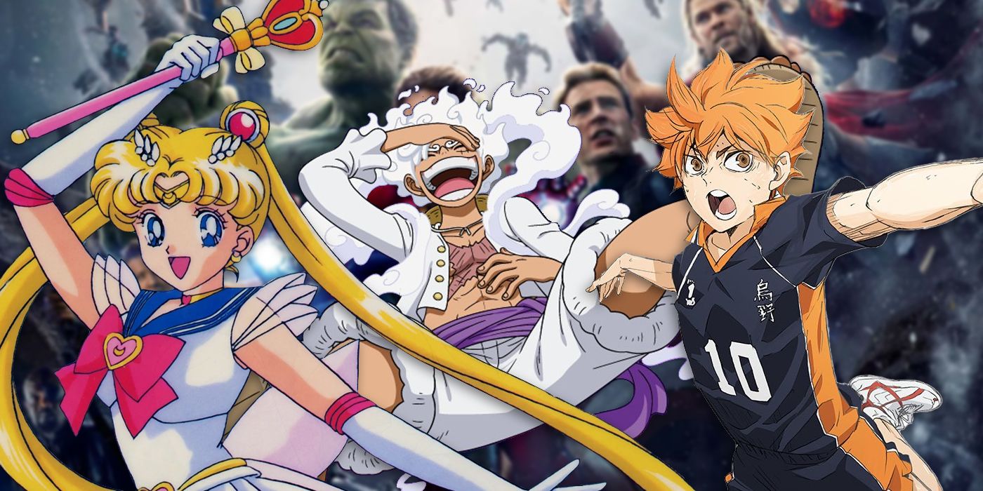 Hinata jumping, 5th gear Luffy, Sailor Moon, the Avengers in the background