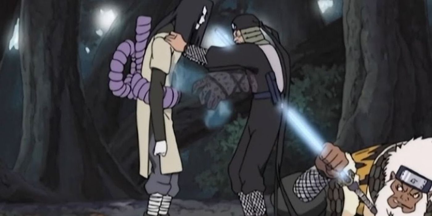 Enma holds the sword stabbing Hiruzen Sarutobi while he tries to seal Orochimaru in Naruto.