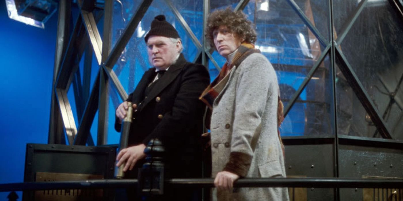 O Doutor (Tom Baker) e Reuben Whormby (Colin Douglas) tentam resgatar um navio rebelde em um clássico Doctor Who Serial, horror de Fank Rock.