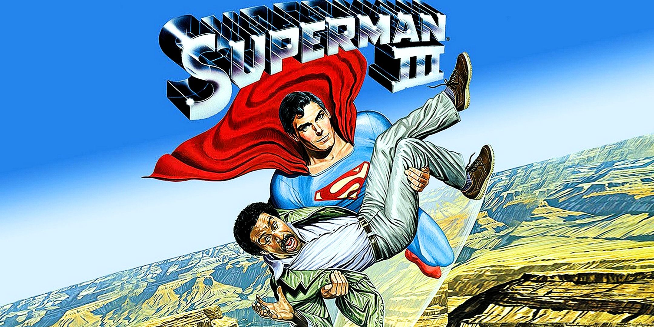 Ilustración de Chrisopher Reeve como un Superman volador con Richard Pryor Form Superman III