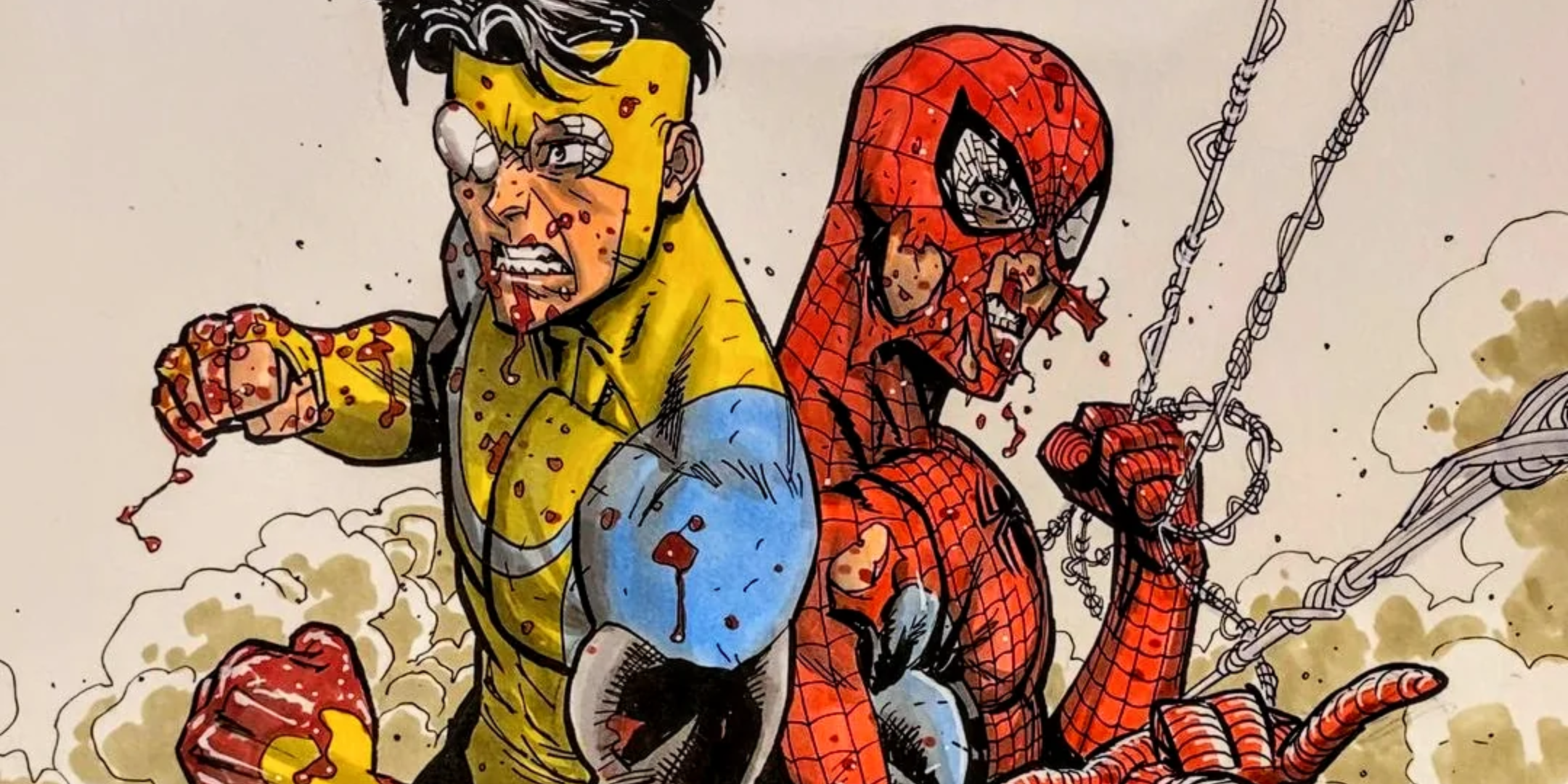 Invencible & Spider-Man consecutiva con sus trajes desgarrados y sangrientos de una pelea.