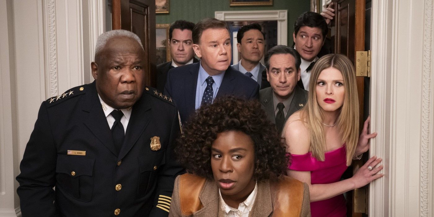 The main characters of Netflix's The Residence crammed into a White House doorway