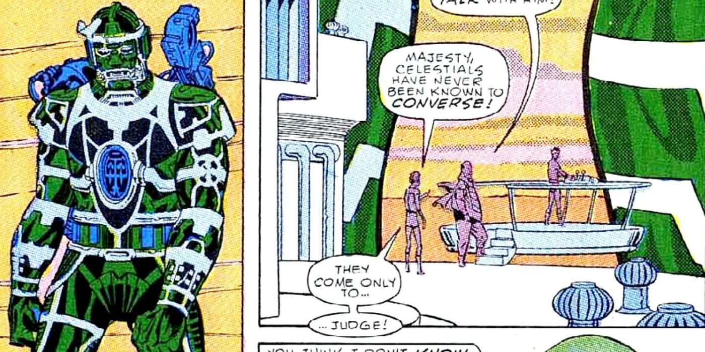 Jemiah The analyzer, a celestial, is shown in a panel while others talk about him in another in Marvel Comics.