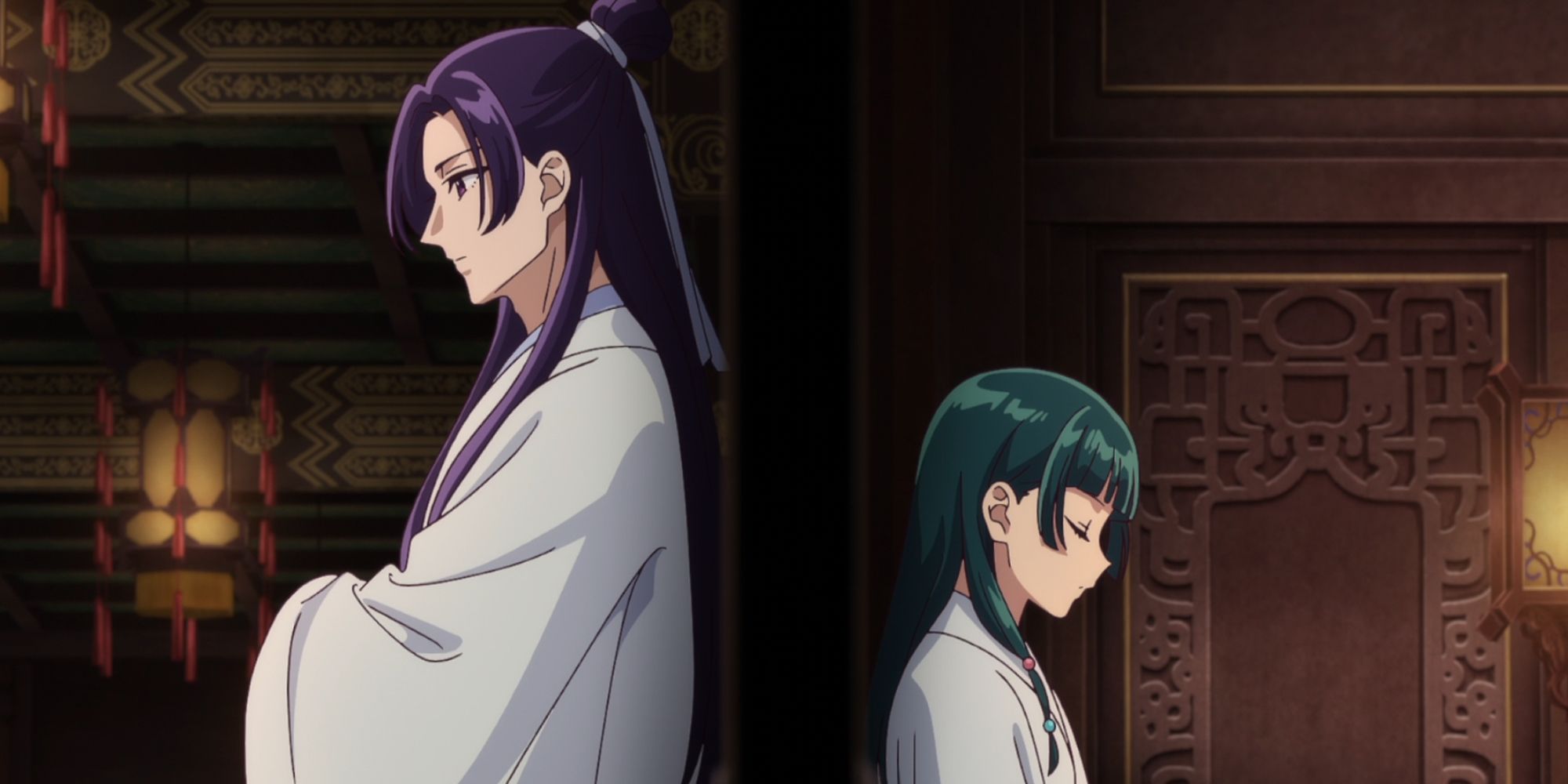 Jinshi e Maomao em lados opostos da porta