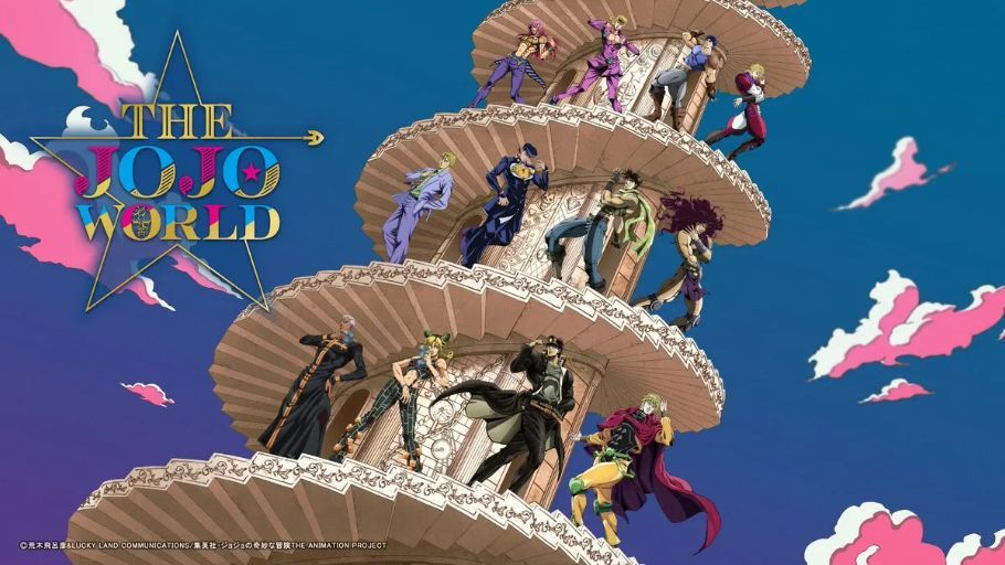 A imagem promocional de Bandai para a loja bizarra de JoJo (The JoJo World).