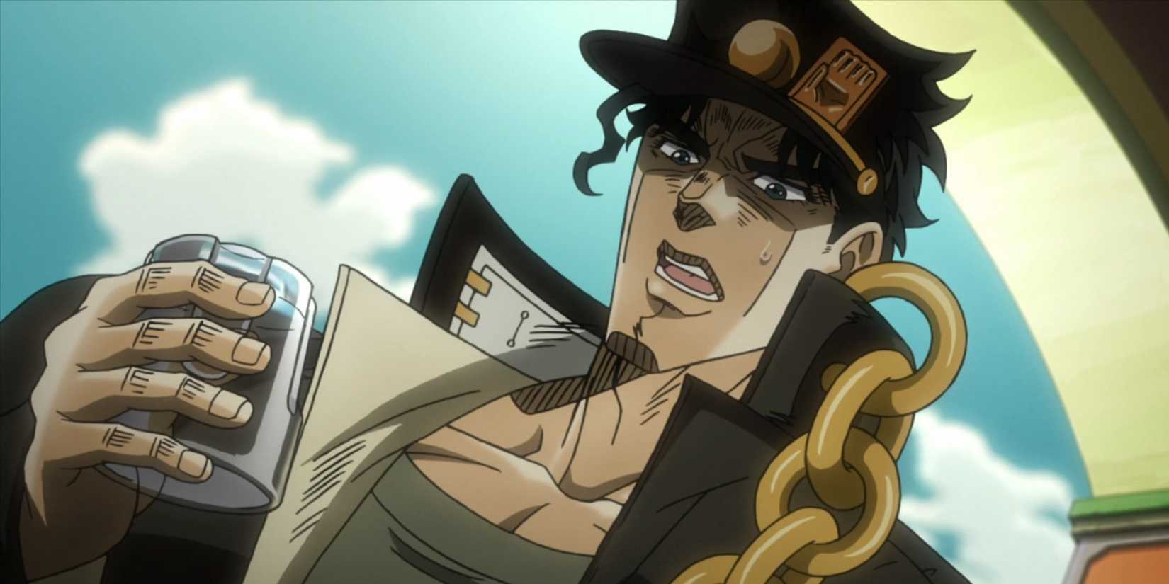 Jotaro talks as he holds a drinking glass in the JJBA anime