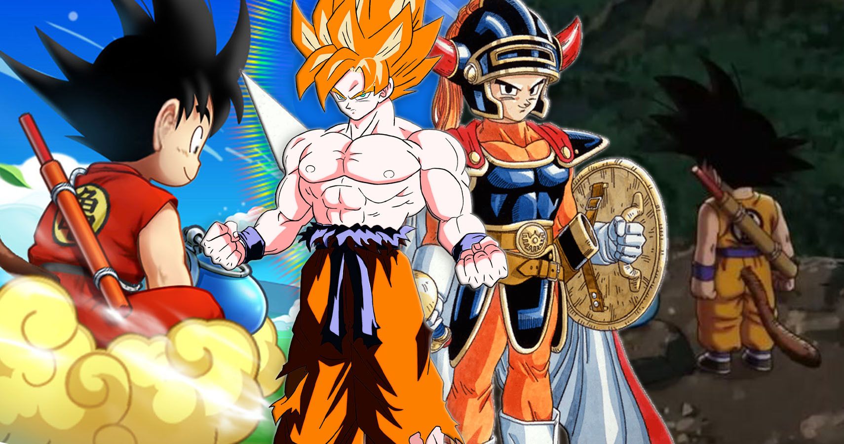 Kid Goku no Nimbus e Goku Super Saiyan com herói de Dragon Quest