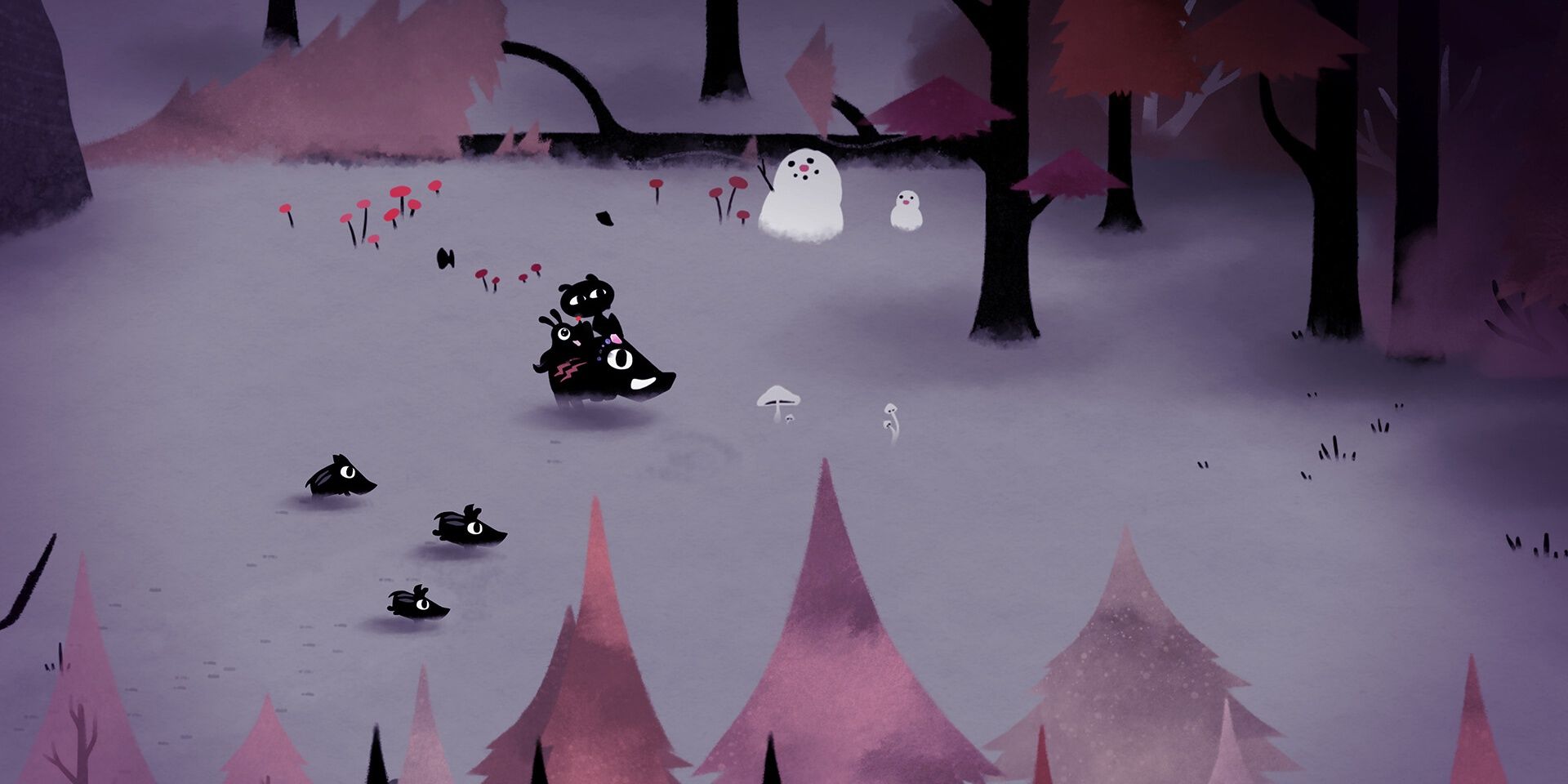 Koira monta un jabalí Maman en un paisaje púrpura y rosa en el videojuego Koira