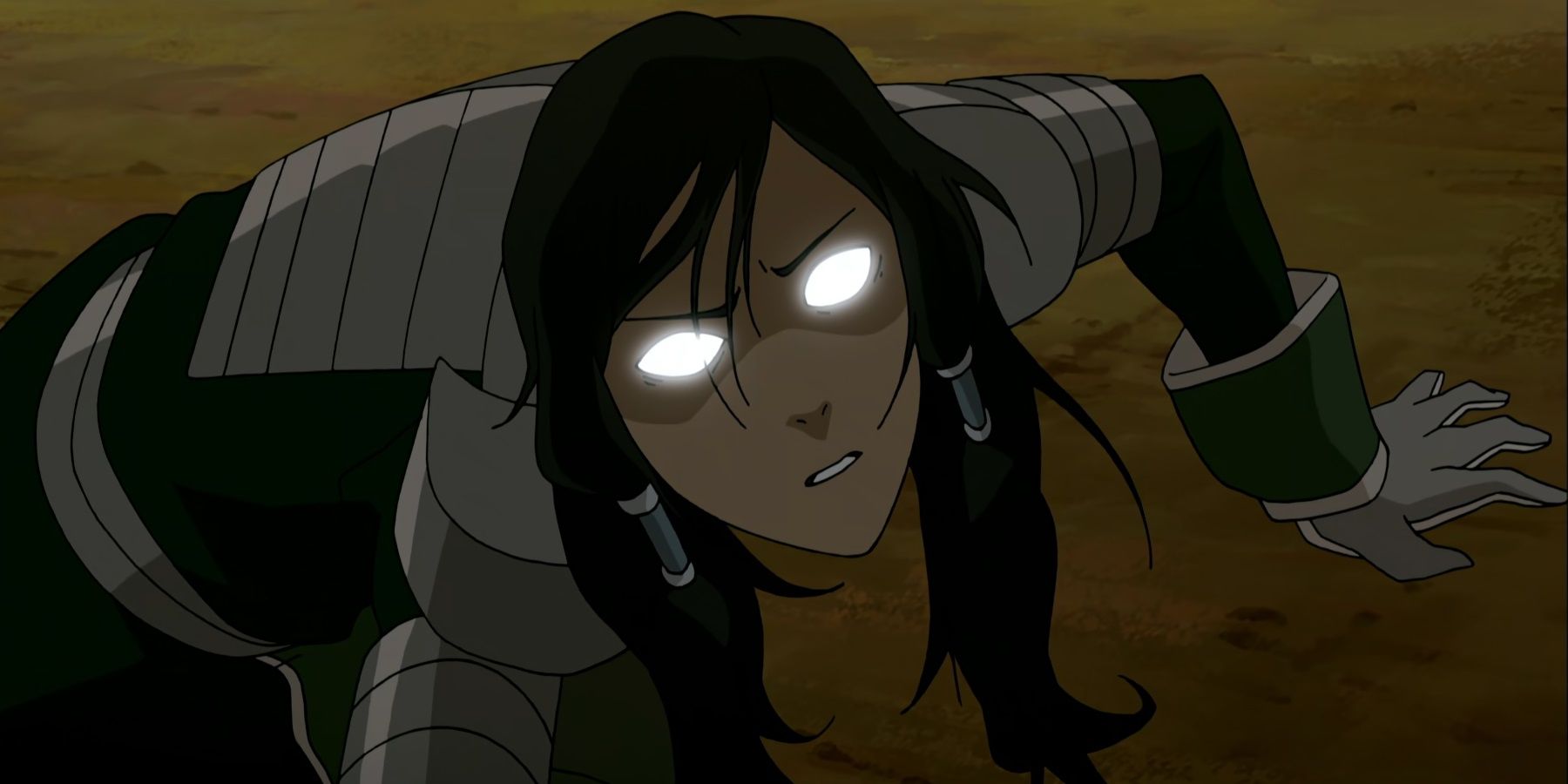 Kuvira tiene el rostro de Korra con sus ojos brillando en blanco.