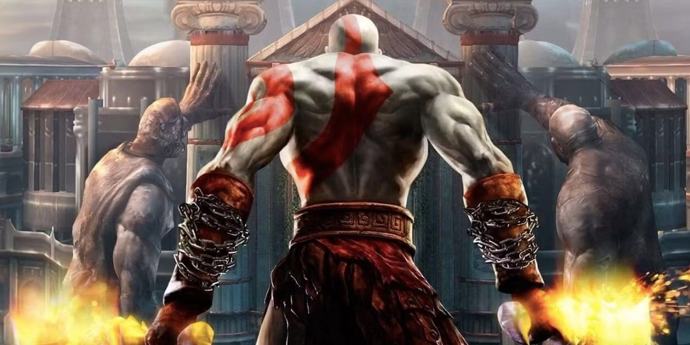 Kratos holds his swords in God of War.