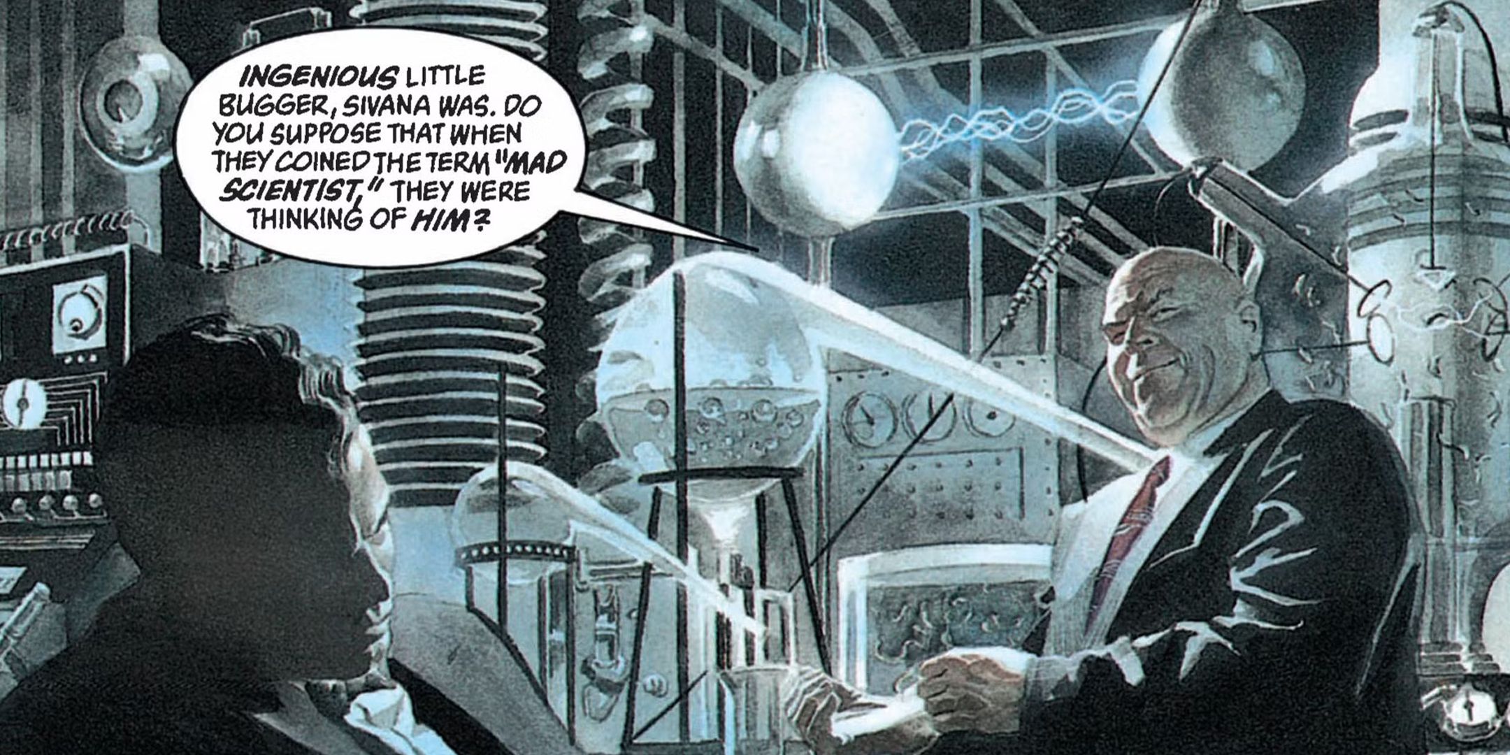 Lex Luthor and his lab with Billy Batson in Kingdom Come from DC Comics