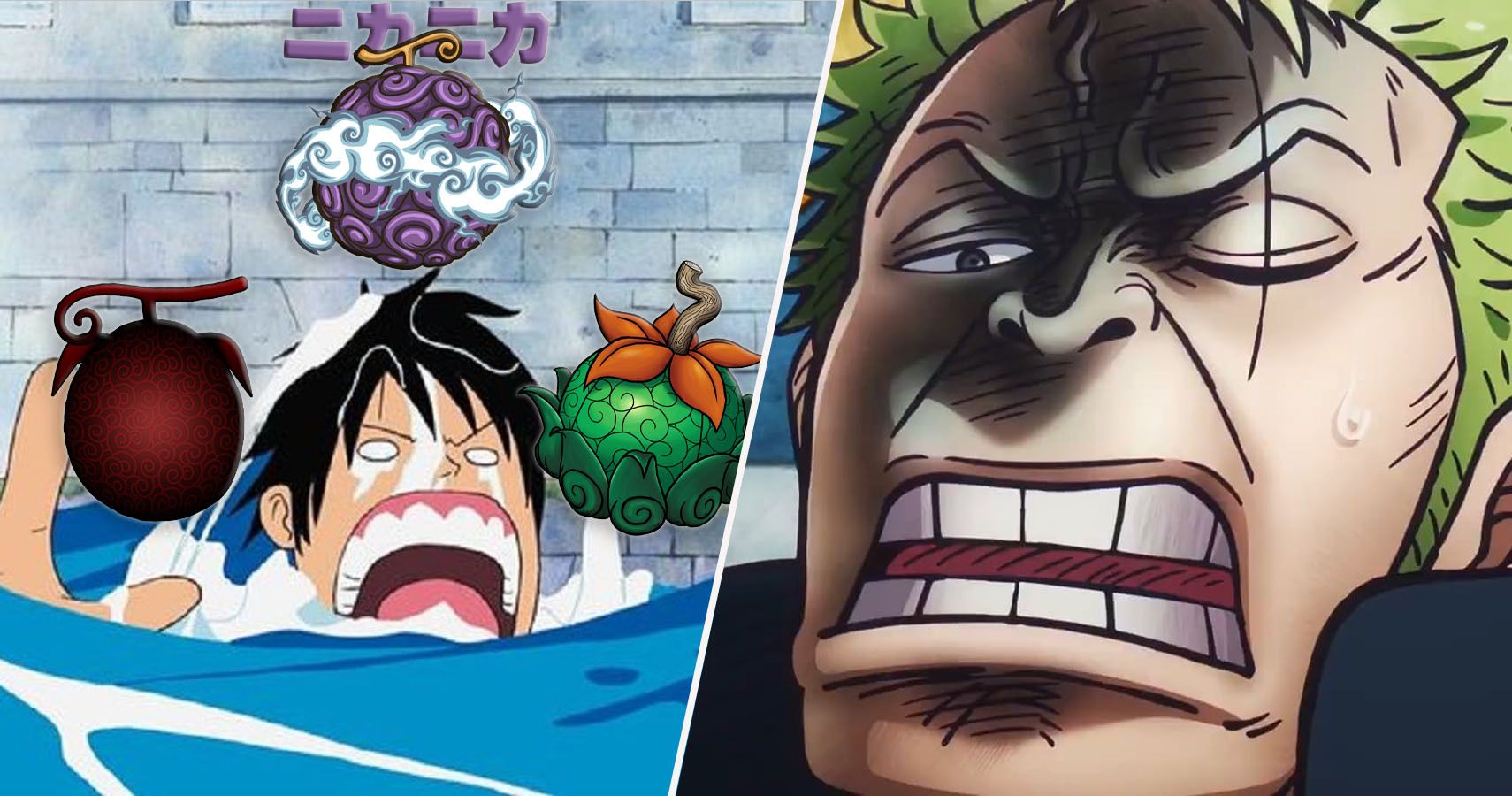 Luffy se afogando em água cercada por frutas do diabo enquanto um zoro enojado olha para ele