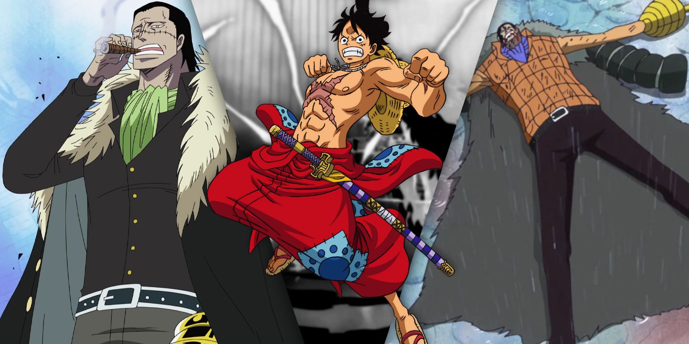 Luffy brigando, crocodilo parecendo confiante, crocodilo parecendo magoado