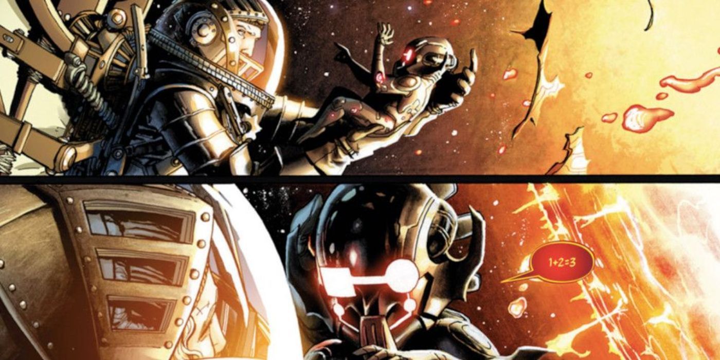 Marvel Comics star child speaks in mathematical equations as Leonardo da Vinci holds.