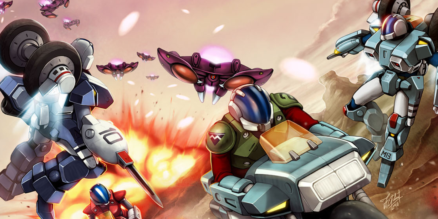 Mechs are battling ships as several people ride motorcycles in the Robotech: Homefront RPG.