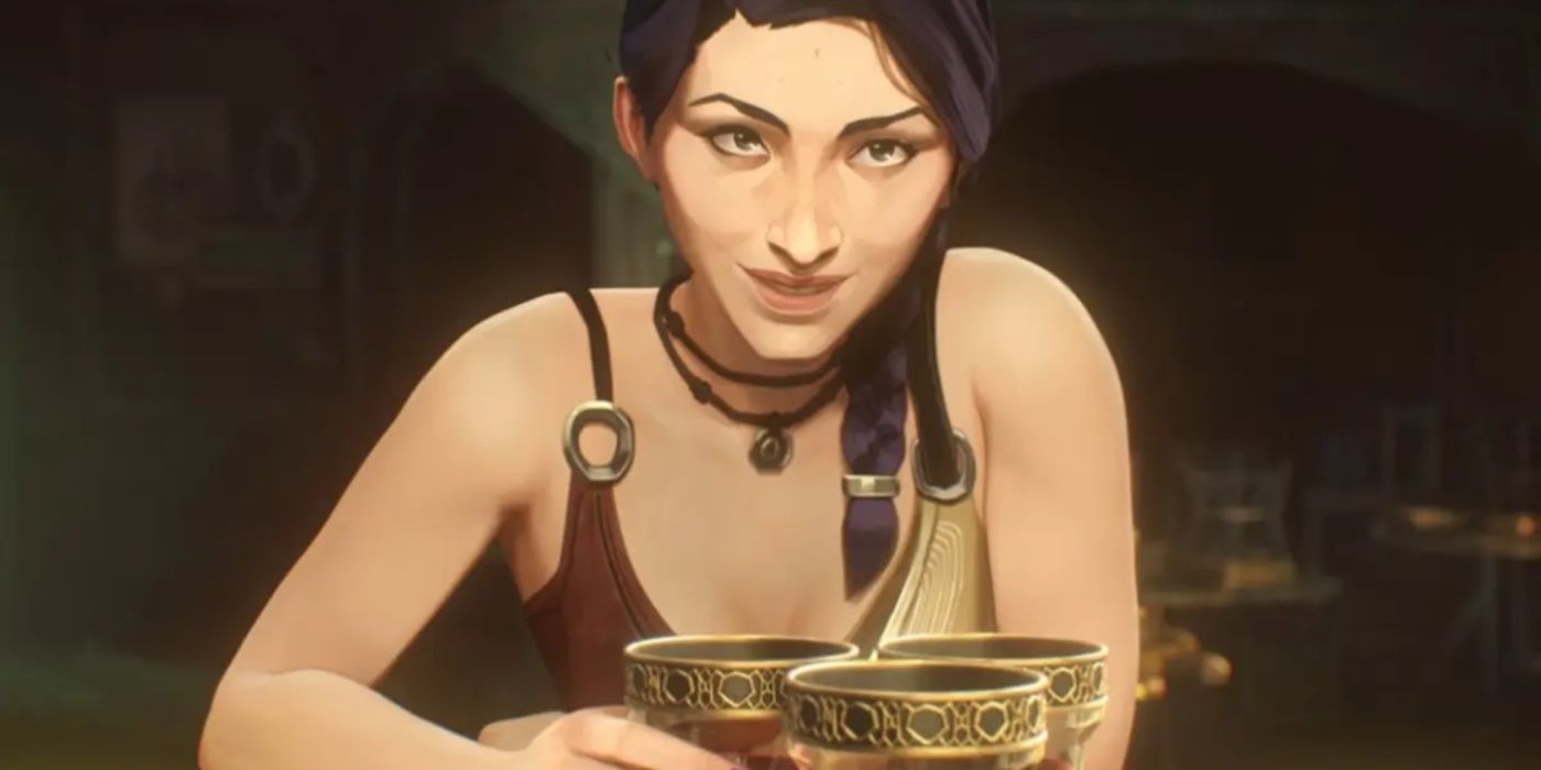 Felicia smiles while drinking with Vander in Arcane.