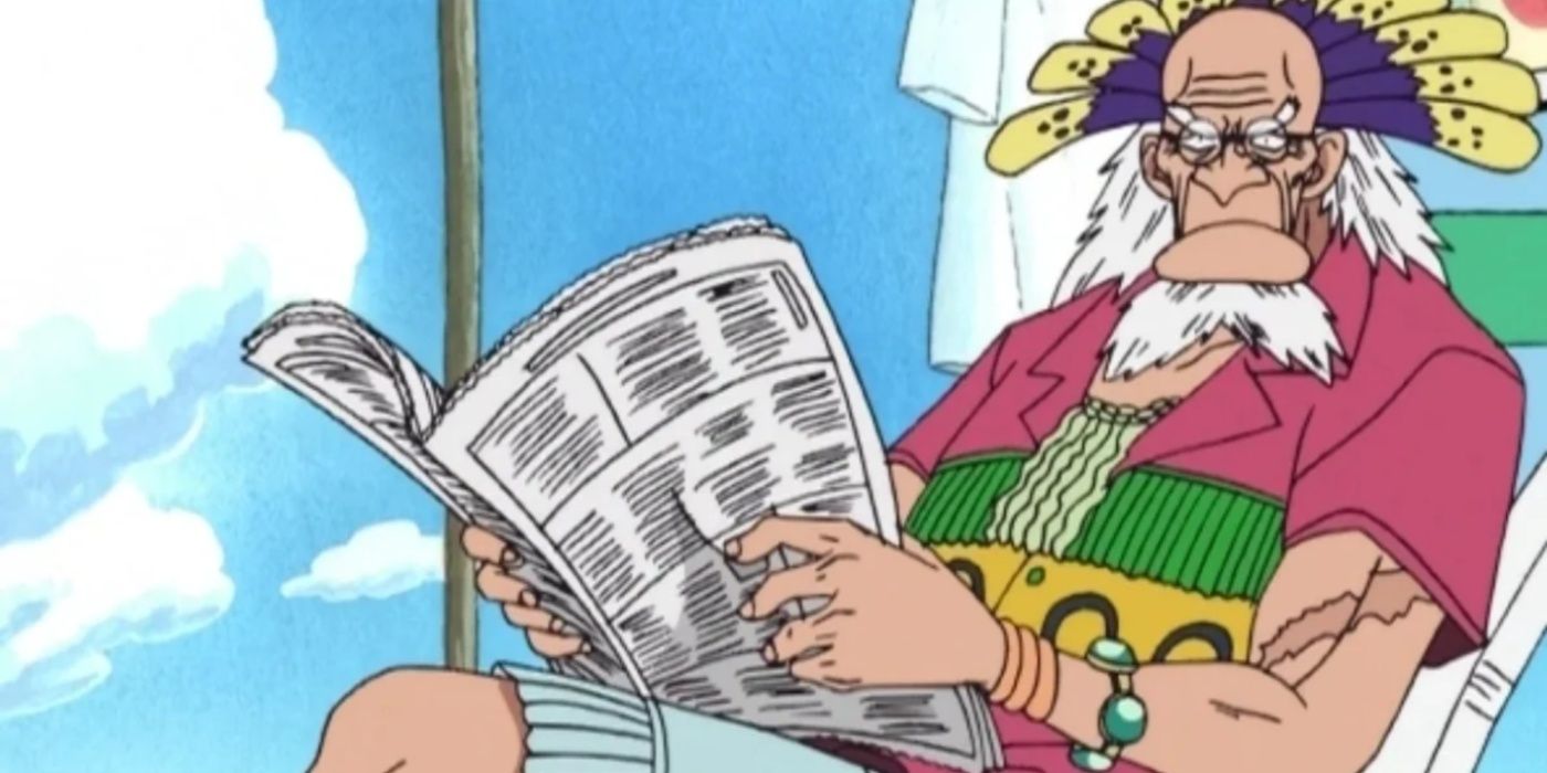 Crocus mira hacia arriba mientras lee un periódico en One Piece