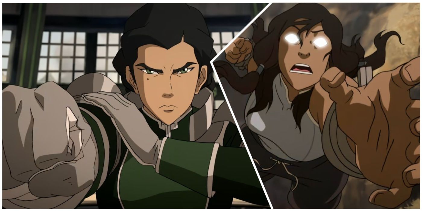 Kuvira reaching out a fist and Korra in the Avatar State reaching out to attack in The Legend of Korra anime