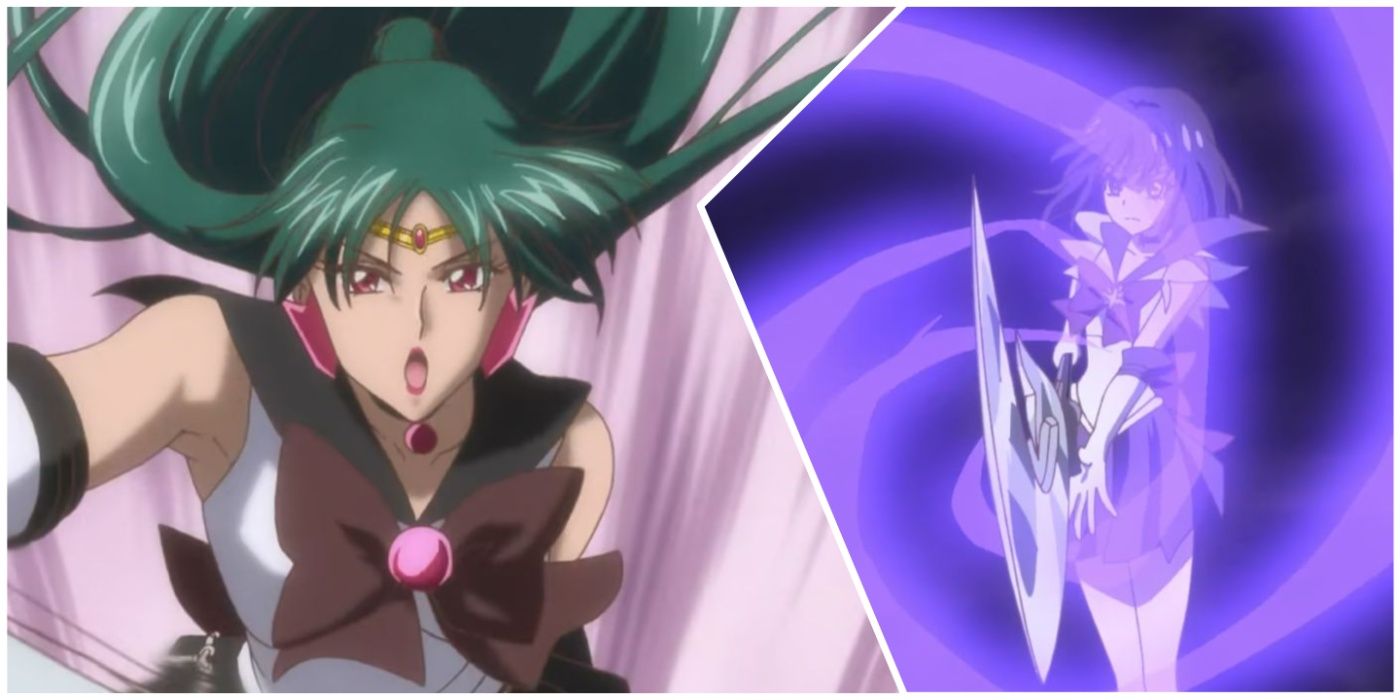 Sailor Plutão ataca com gritos mortos em Crystal e Sailor Saturno de Sailor Moon usa o silêncio Glaive em Sailor Moon.