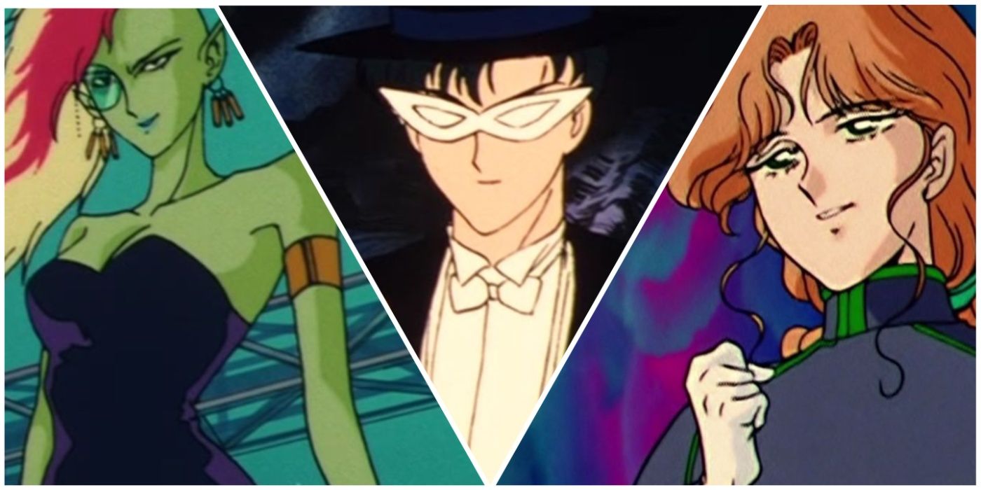 Reika in her Great Youma form, Reikoukeidar, Tuxedo Mask, and Zoisite in the Sailor Moon anime