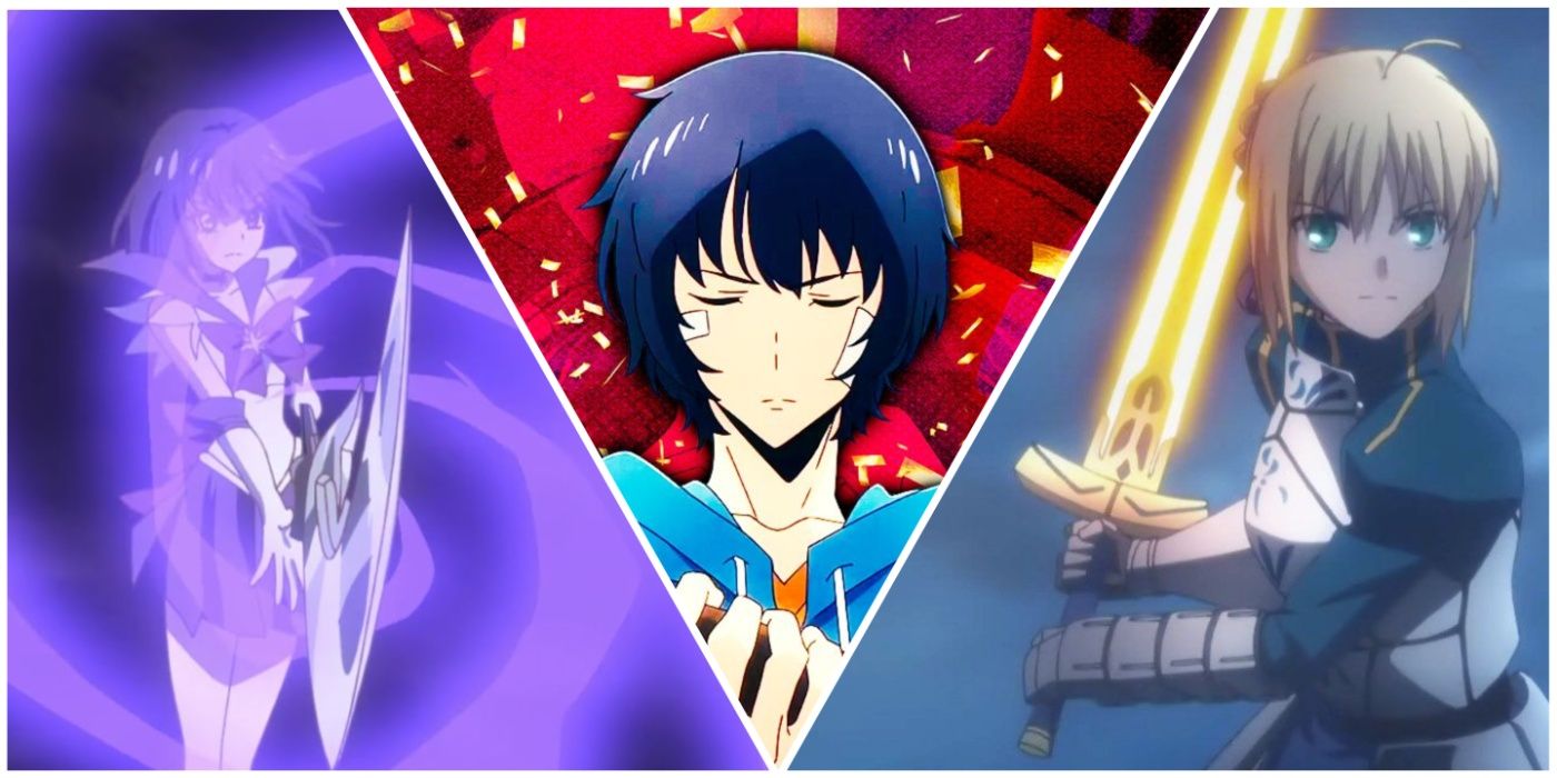 Sabre do destino/Stay Night segurando Excalibur, Sung Jinwoo do Solo Leveling, Silêncio de Sailor Saturno Glaive In Sailor Moon Crystal