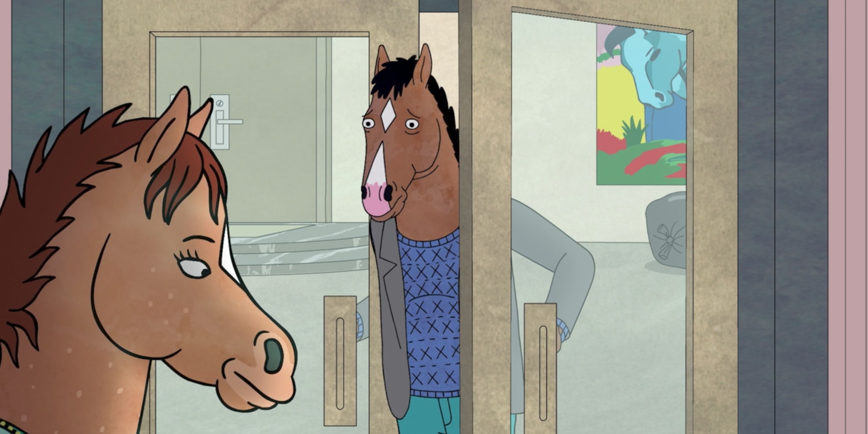 Hollyhock y BoJack Horseman hablan en una puerta