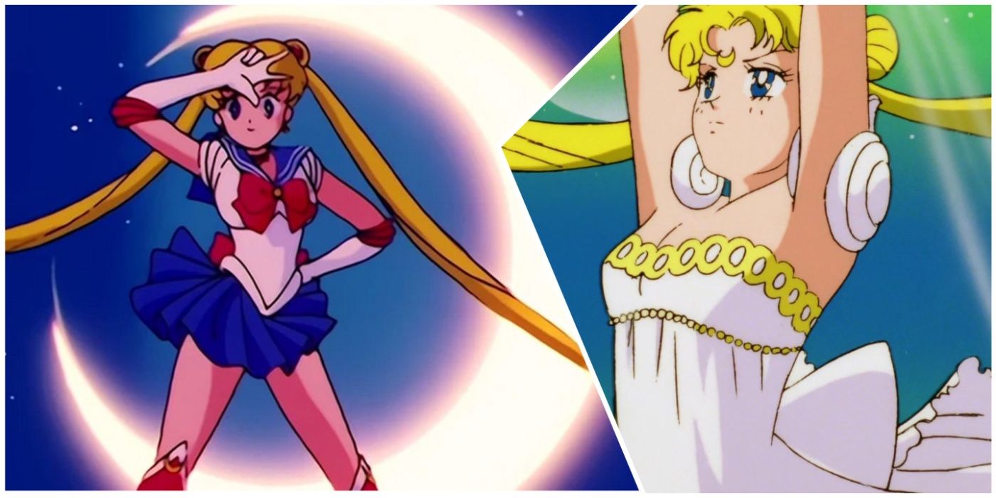 Usagi mid-transformation in Sailor Moon and Princess Serenity's transformation in Sailor Moon R The Movie The Promise of the Rose.
