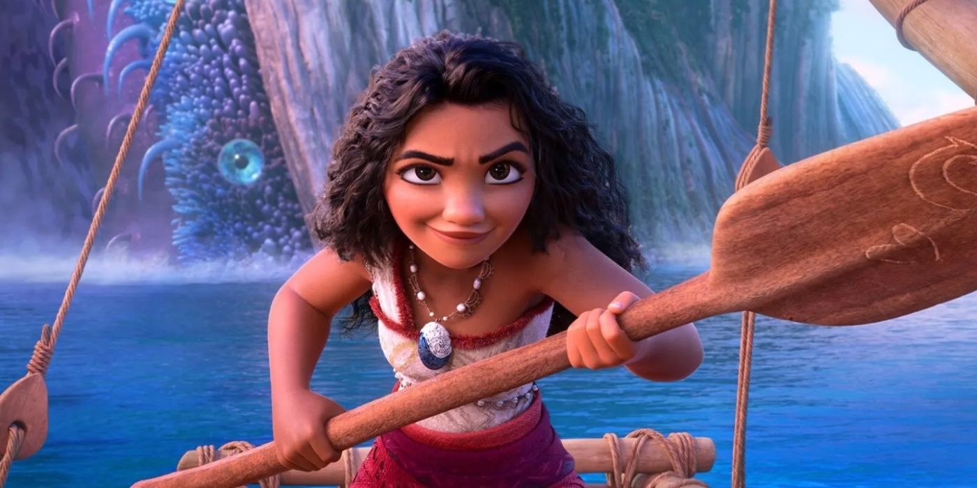 Moana com uma expressão determinada e segurando seu remo na arte promocional de Moana 2.