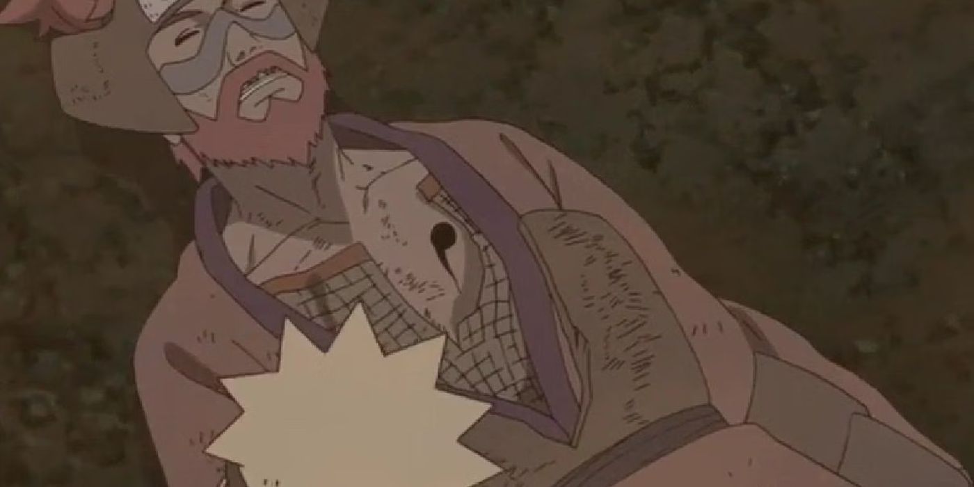 Naruto Uzumaki looks at a dead Roshi in Naruto: Shippuden.