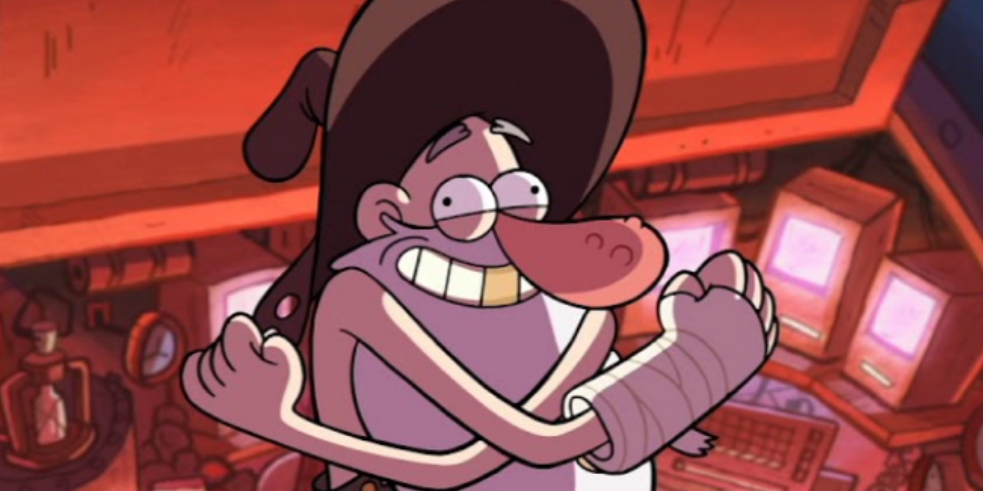 Old Man McGucket is smiling and his arms are crossed in Gravity Falls.