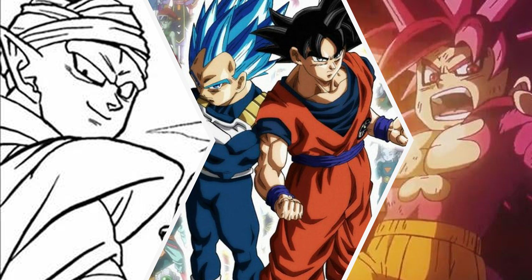 Piccolo in Dragon Ball Super Chapter 103, Super Saiyan Blue Evolution Vegeta and Ultra Instinct Sign Goku from the Dragon Ball Super Anime, and Super Saiyan 4 Mini Goku from Dragon Ball DAIMA