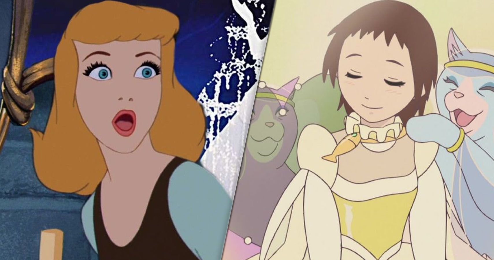 Princesa Cinderela chocada com o filme de animação da Disney, e Haru sendo vestido por gatos no gato retorna do studio ghibli