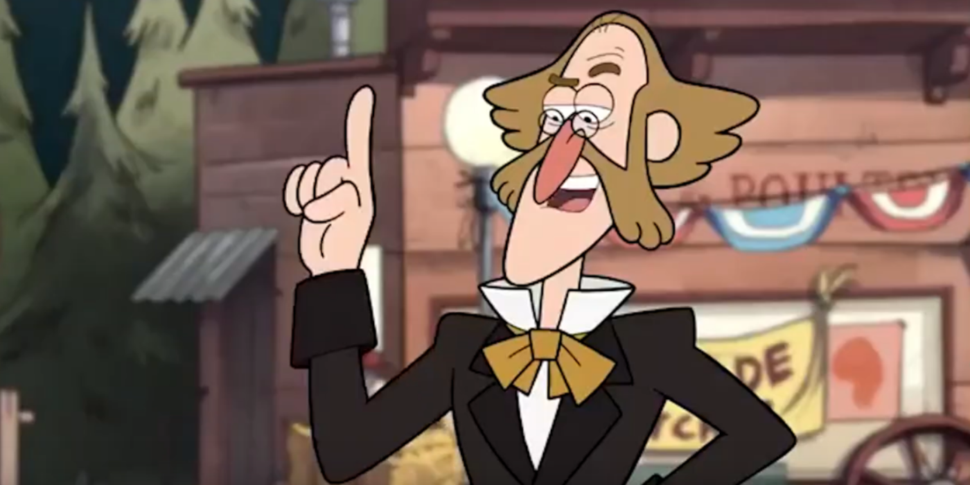 Quentin Trembley has his finger pointed skyward as he speaks to Dipper in Gravity Falls.