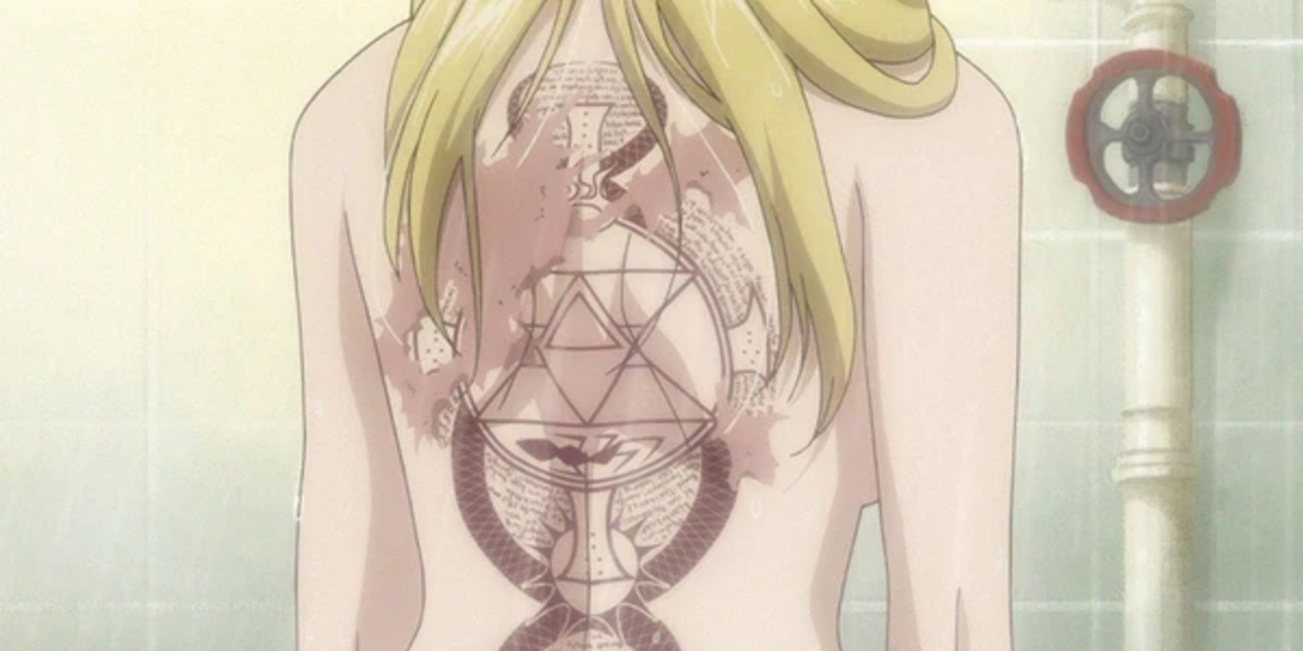 Riza Hawkeye's back covered in tattoos (flame alchemy) and burns in Fullmetal Alchemist Brotherhood