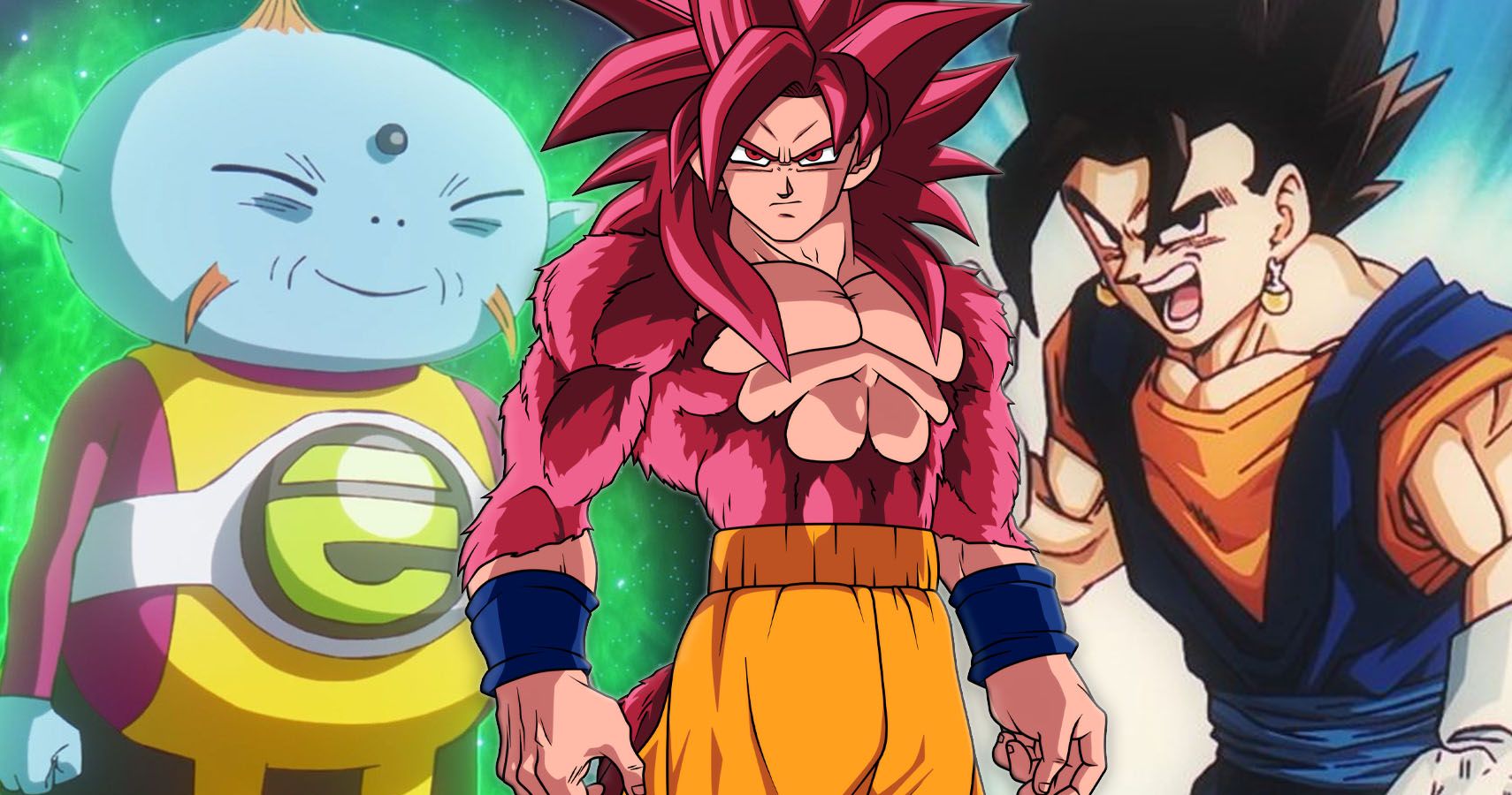 Rymus, Super Saiyan 4 Adult Goku, and Vegito from the Dragon Ball DAIMA Anime