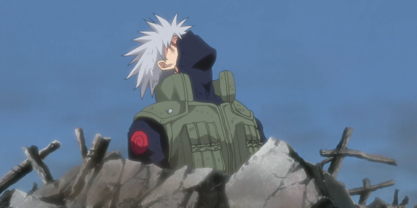 Hatake Kakashi is pinned by rubble while the pain kills him in Naruto: Shippuden.