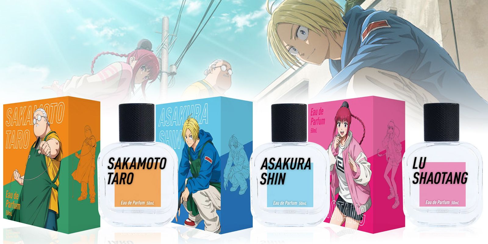 Sakamoto Days anime with perfume bottles for Sakamoto, Shin and Lu Shaotang