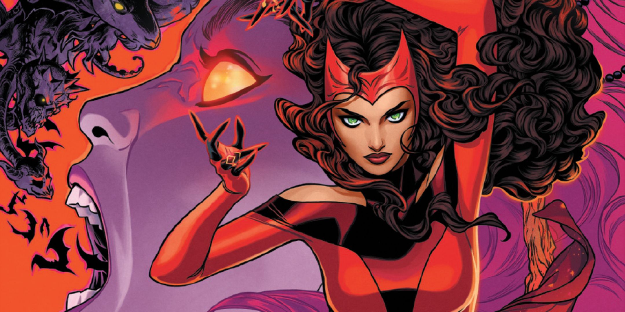 The Scarlet Witch uses magic while bats fly out of Amaranth's mouth in the background