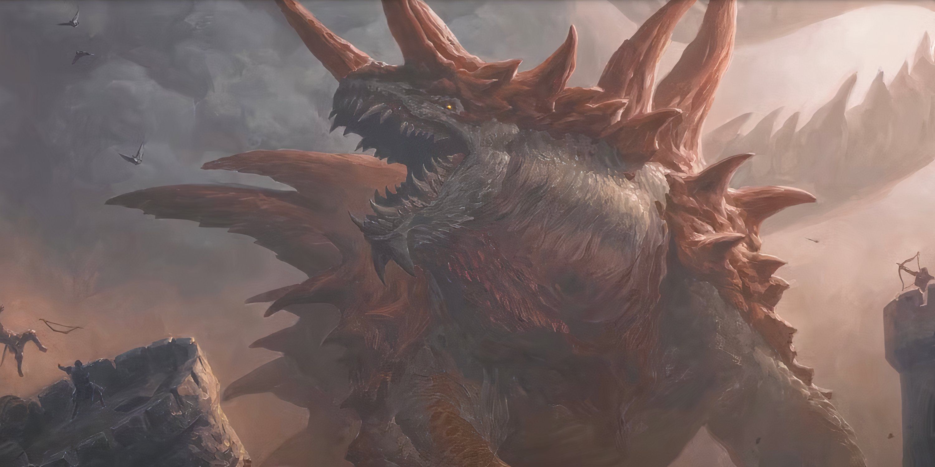 Tarrasque roaring while knocking over a castle tower in dungeons and dragons