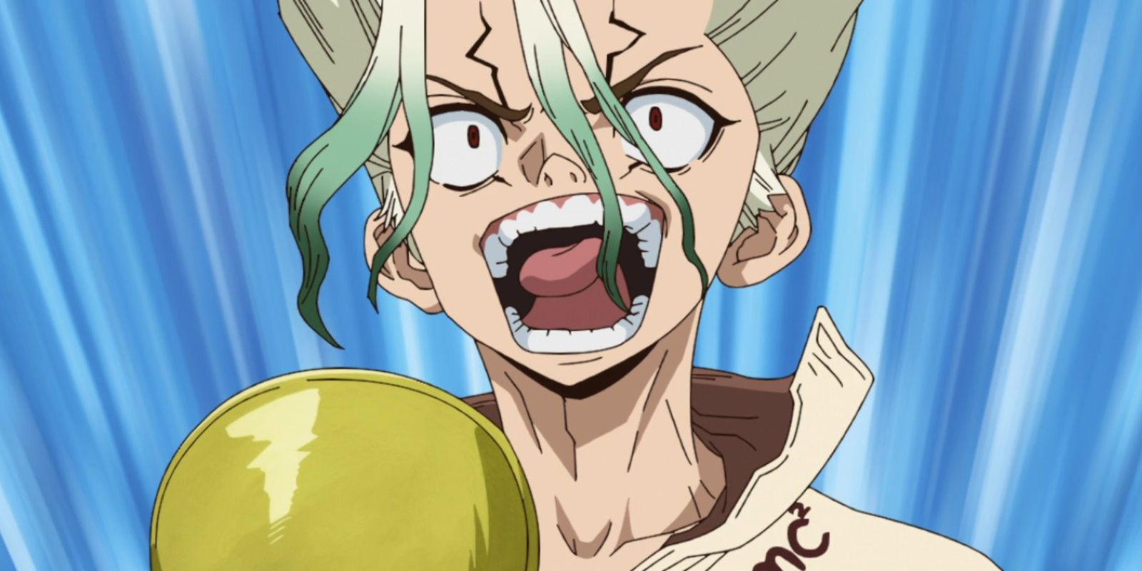Senku shouts in a yellow microphone.