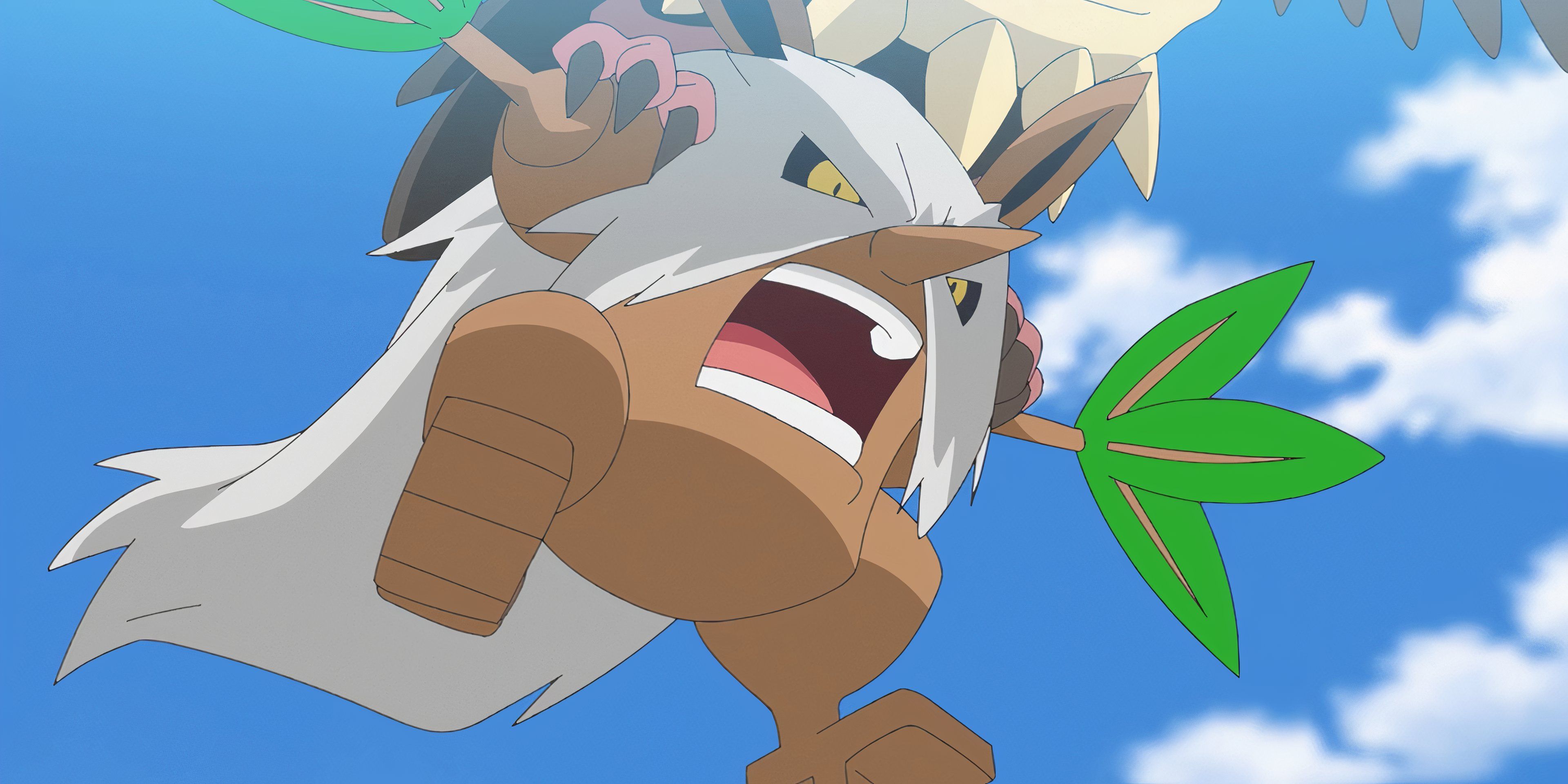 Shiftry é levantado no ar por Mandibuzz no anime Pokemon.